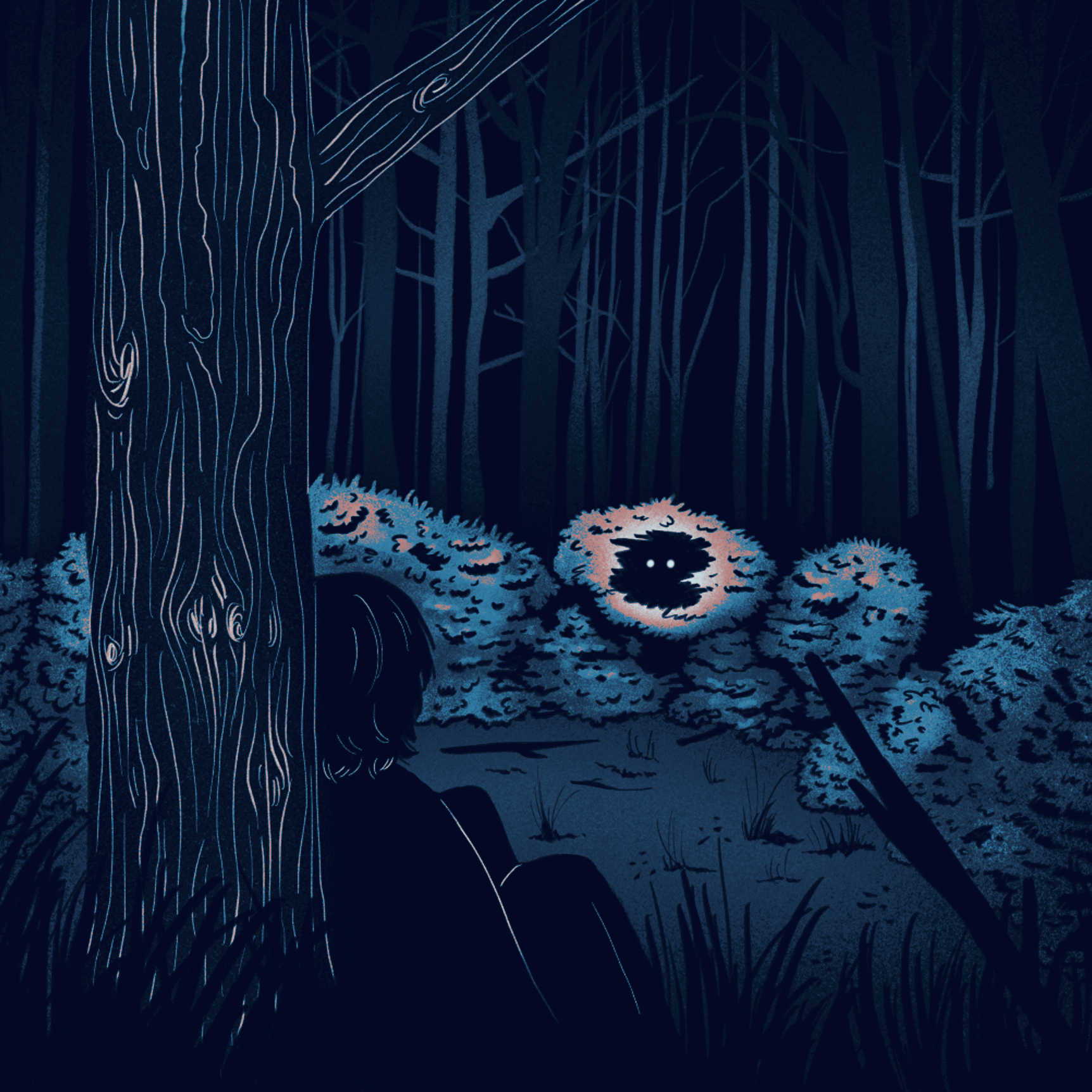 In a dark forest, a boy looks out at a bush, and two eyes look back at him.